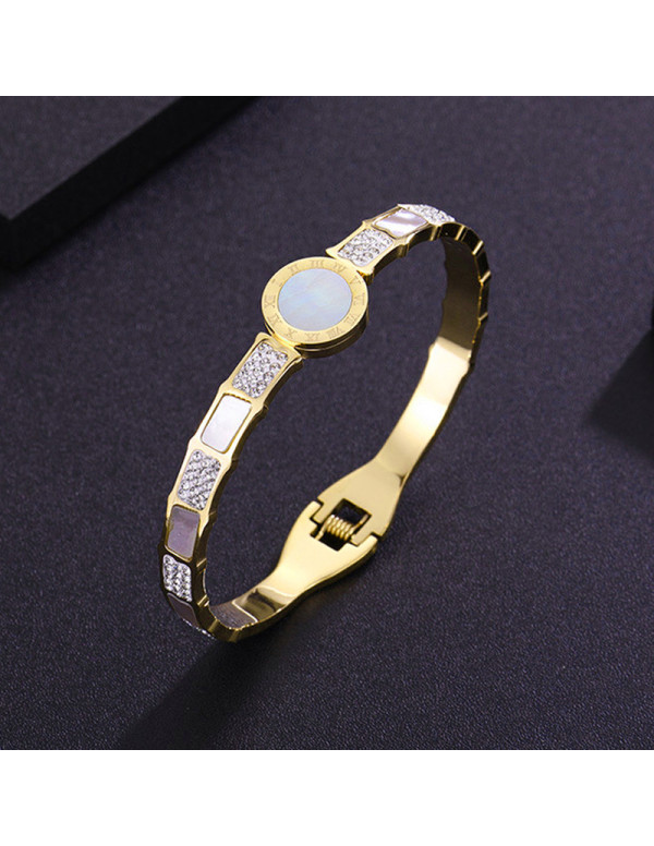 Jewels Galaxy Stainless Steel Gold Plated Mother Of Pearl Roman Numerals AD Studded Bracelet