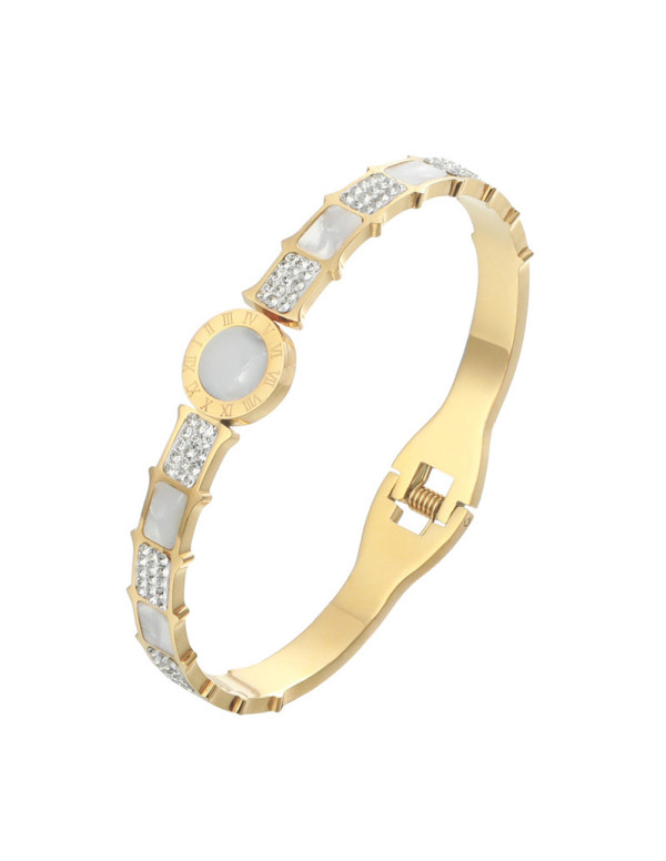 Jewels Galaxy Stainless Steel Gold Plated Mother Of Pearl Roman Numerals AD Studded Bracelet