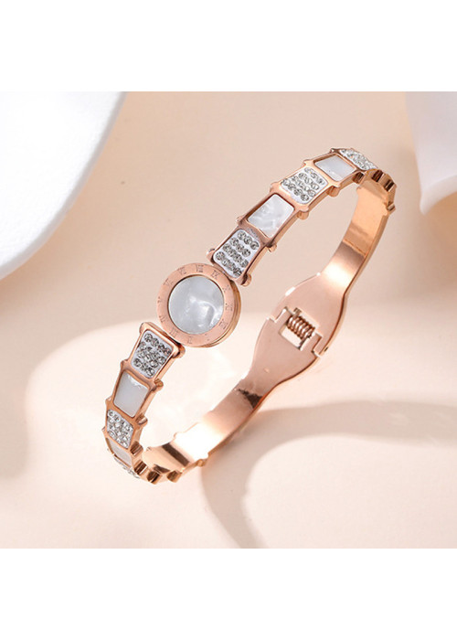 Jewels Galaxy Stainless Steel Rose Gold Plated Mother Of Pearl Roman Numerals AD Studded Bracelet