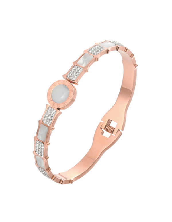 Jewels Galaxy Stainless Steel Rose Gold Plated Mother Of Pearl Roman Numerals AD Studded Bracelet