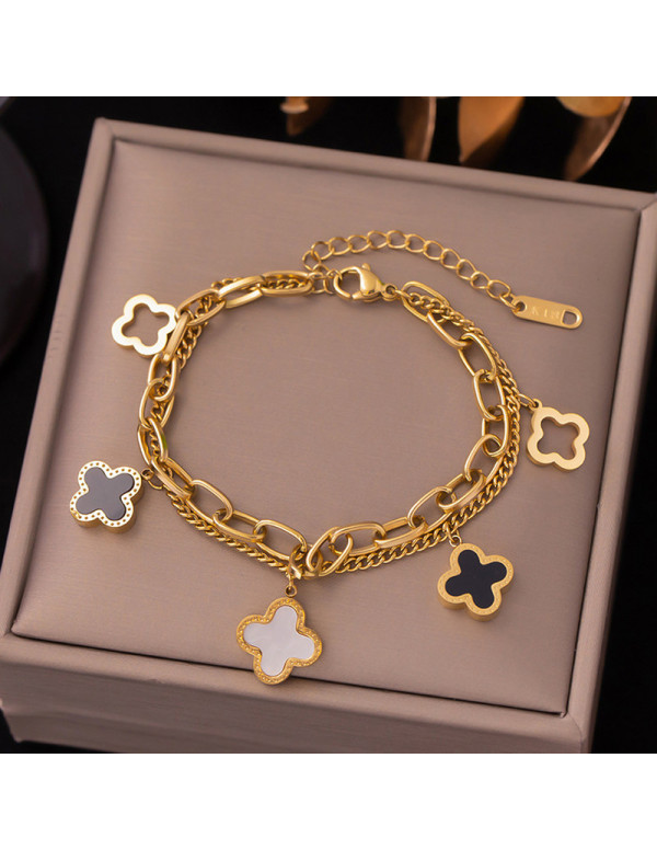 Jewels Galaxy Stainless Steel Gold Plated Mother Of Pearls Clover inspired Irish Design Wraparound Bracelet