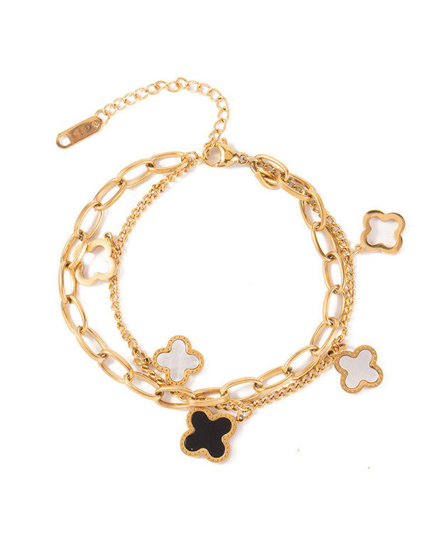 Jewels Galaxy Stainless Steel Gold Plated Mother Of Pearls Clover inspired Irish Design Wraparound Bracelet