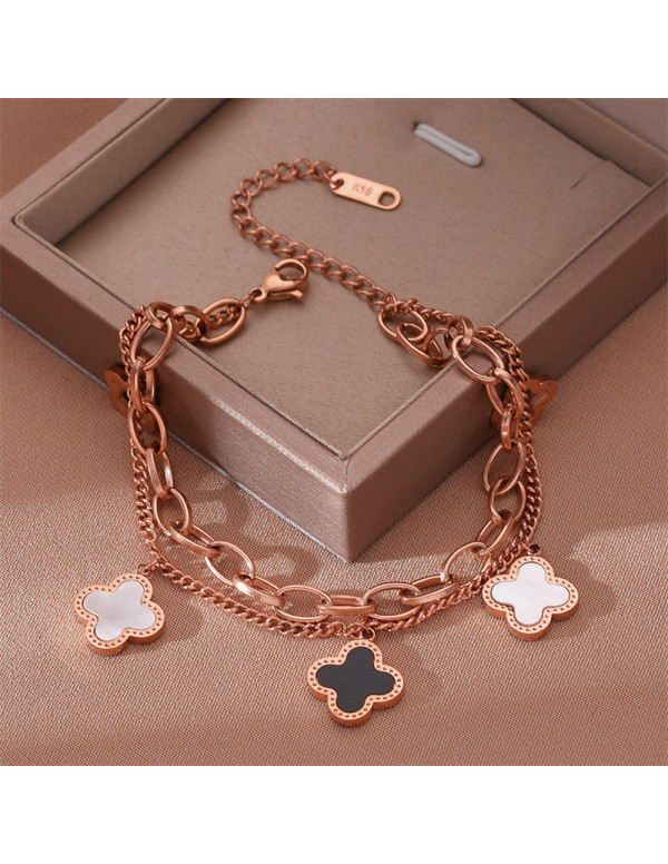 Jewels Galaxy Stainless Steel Rose Gold Plated Mother Of Pearls Clover inspired Irish Design Wraparound Bracelet