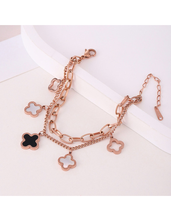 Jewels Galaxy Stainless Steel Rose Gold Plated Mother Of Pearls Clover inspired Irish Design Wraparound Bracelet