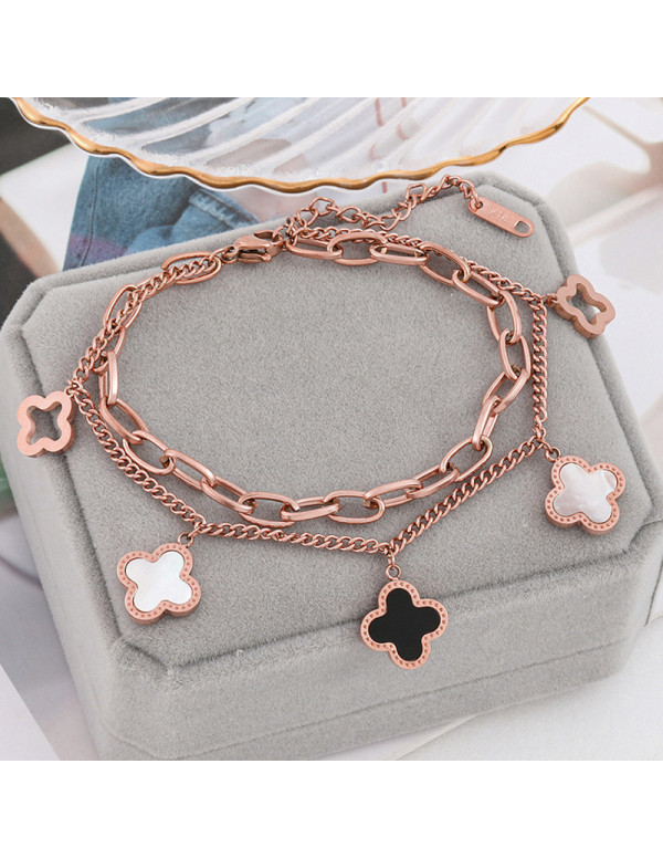 Jewels Galaxy Stainless Steel Rose Gold Plated Mother Of Pearls Clover inspired Irish Design Wraparound Bracelet