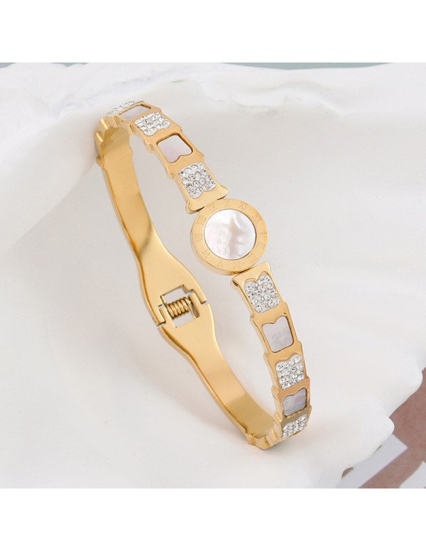 Jewels Galaxy Stainless Steel Gold Plated Mother Of Pearl Roman Numerals AD Studded Bracelet