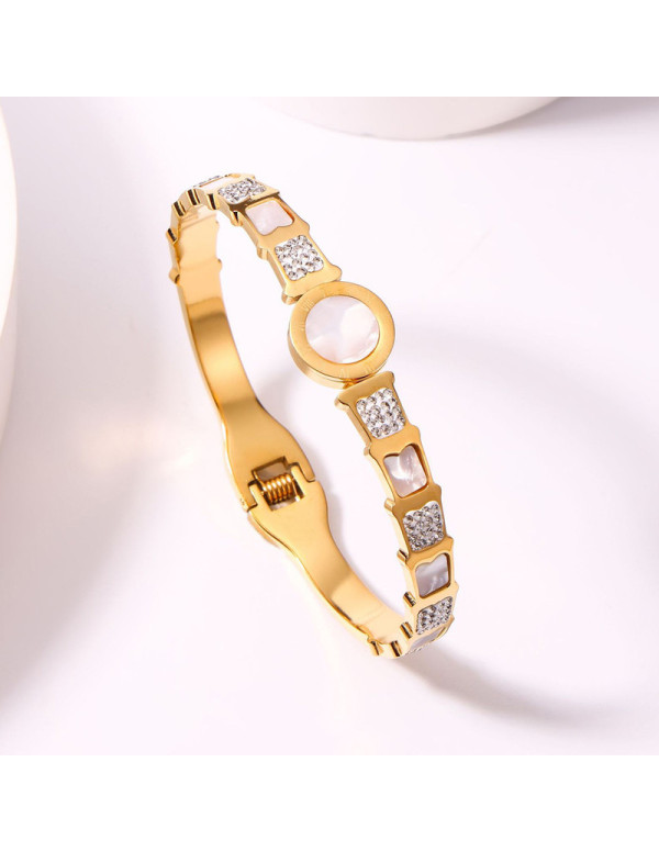 Jewels Galaxy Stainless Steel Gold Plated Mother Of Pearl Roman Numerals AD Studded Bracelet