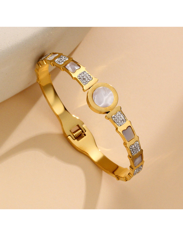 Jewels Galaxy Stainless Steel Gold Plated Mother Of Pearl Roman Numerals AD Studded Bracelet