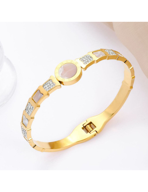 Jewels Galaxy Stainless Steel Gold Plated Mother Of Pearl Roman Numerals AD Studded Bracelet