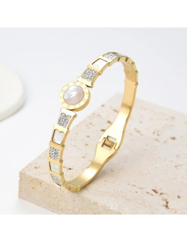 Jewels Galaxy Stainless Steel Gold Plated Mother Of Pearl Roman Numerals AD Studded Bracelet