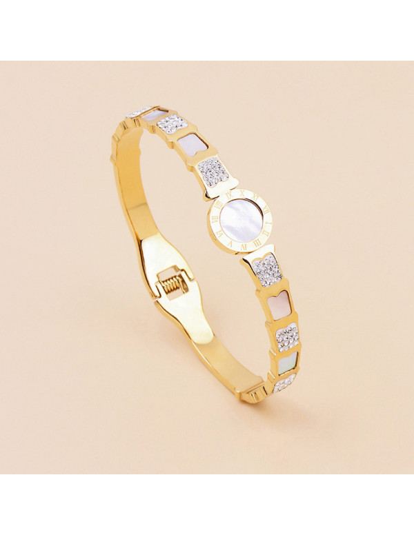 Jewels Galaxy Stainless Steel Gold Plated Mother Of Pearl Roman Numerals AD Studded Bracelet