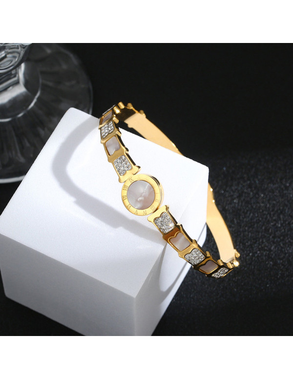 Jewels Galaxy Stainless Steel Gold Plated Mother Of Pearl Roman Numerals AD Studded Bracelet