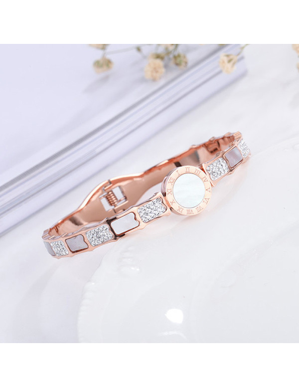 Jewels Galaxy Stainless Steel Rose Gold Plated Mother Of Pearl Roman Numerals AD Studded Bracelet