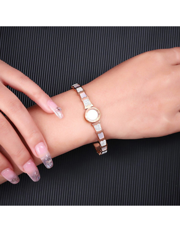 Jewels Galaxy Stainless Steel Rose Gold Plated Mother Of Pearl Roman Numerals AD Studded Bracelet