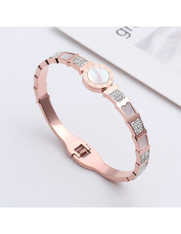 Jewels Galaxy Stainless Steel Rose Gold Plated Mother Of Pearl Roman Numerals AD Studded Bracelet