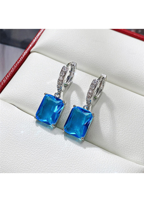 Jewels Galaxy Silver Plated Blue Rectangular American Diamond Studded Crushed Ice Cut Drop Earrings