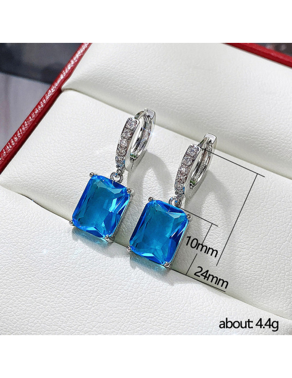 Jewels Galaxy Silver Plated Blue Rectangular American Diamond Studded Crushed Ice Cut Drop Earrings