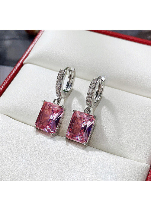 Jewels Galaxy Silver Plated Pink Rectangular American Diamond Studded Crushed Ice Cut Drop Earrings