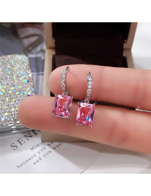 Jewels Galaxy Silver Plated Pink Rectangular American Diamond Studded Crushed Ice Cut Drop Earrings