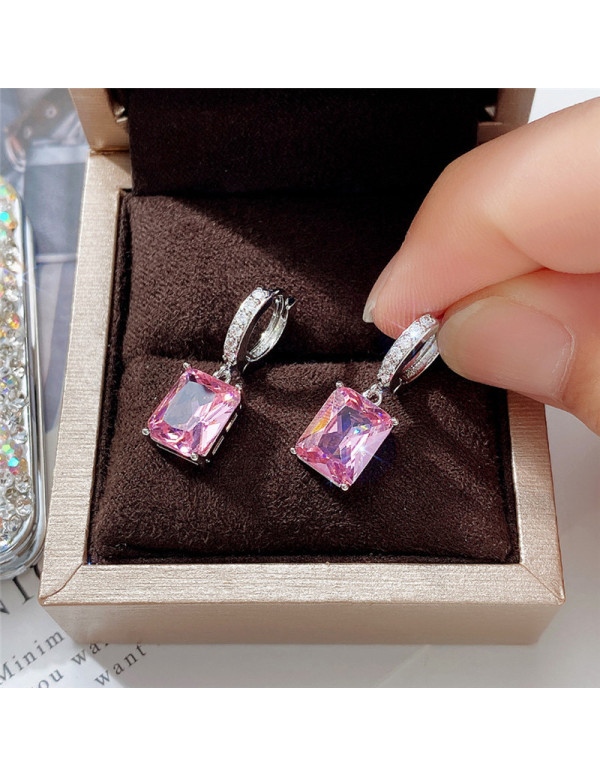 Jewels Galaxy Silver Plated Pink Rectangular American Diamond Studded Crushed Ice Cut Drop Earrings