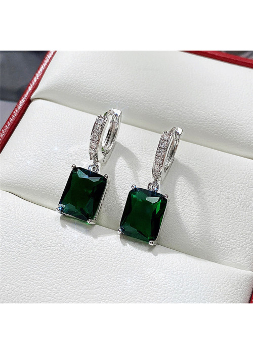 Jewels Galaxy Silver Plated Green Rectangular American Diamond Studded Crushed Ice Cut Drop Earrings