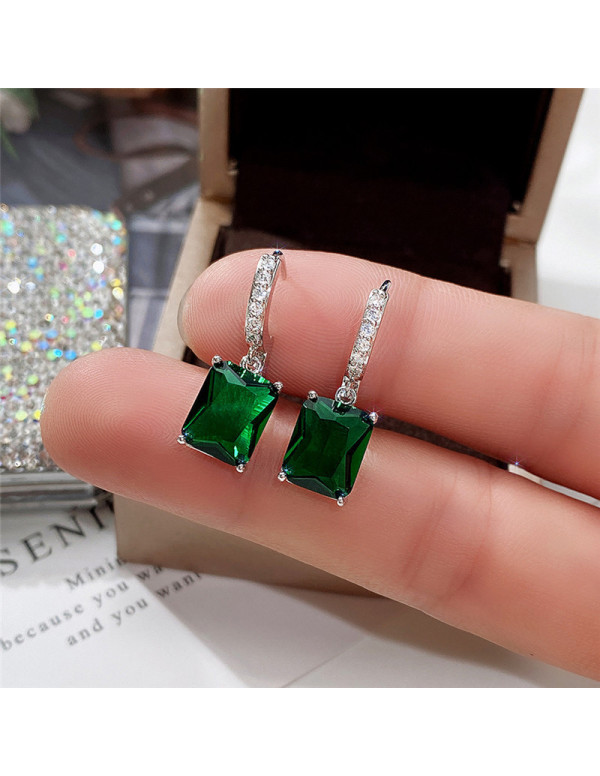 Jewels Galaxy Silver Plated Green Rectangular American Diamond Studded Crushed Ice Cut Drop Earrings