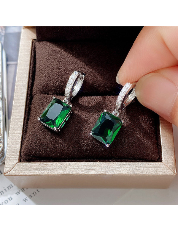 Jewels Galaxy Silver Plated Green Rectangular American Diamond Studded Crushed Ice Cut Drop Earrings