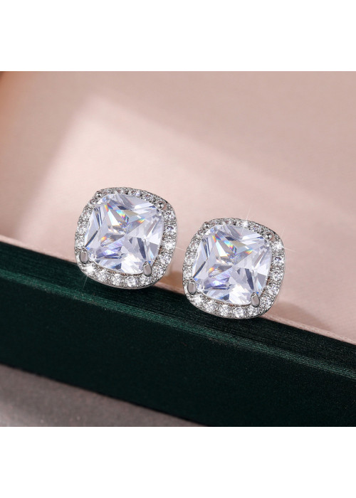 Jewels Galaxy Silver Plated American Diamond Studded Square Crushed Ice Cut Stud Earrings