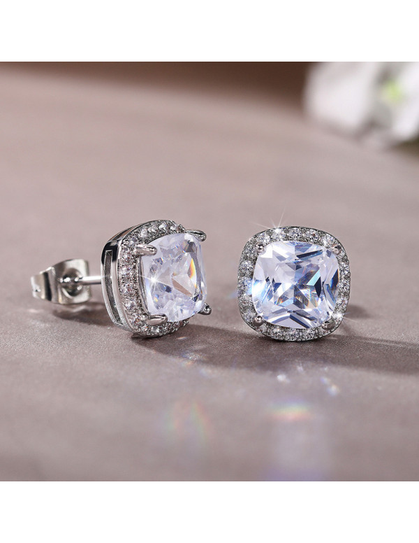 Jewels Galaxy Silver Plated American Diamond Studded Square Crushed Ice Cut Stud Earrings