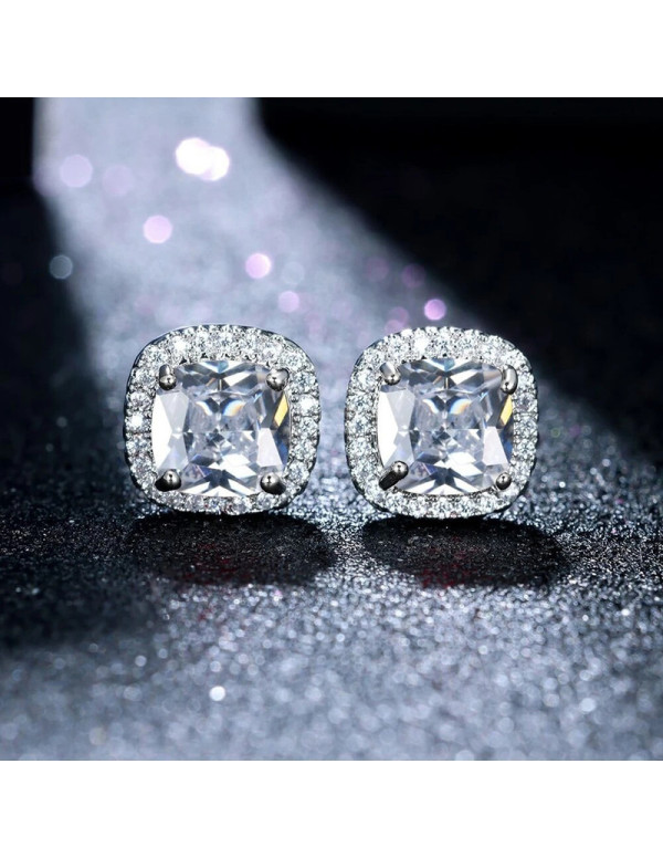 Jewels Galaxy Silver Plated American Diamond Studded Square Crushed Ice Cut Stud Earrings