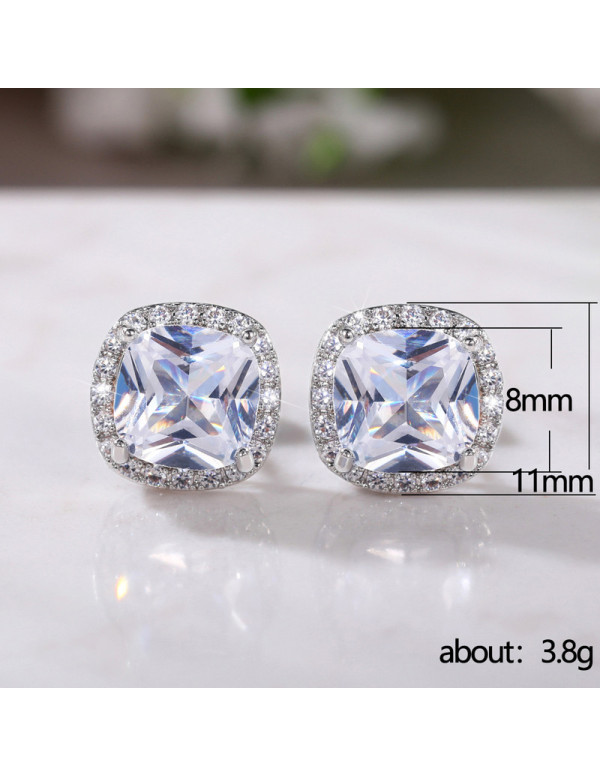 Jewels Galaxy Silver Plated American Diamond Studded Square Crushed Ice Cut Stud Earrings