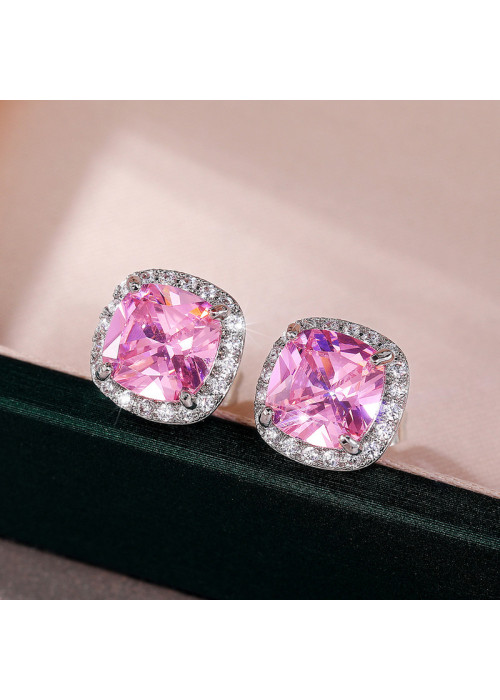 Jewels Galaxy Silver Plated American Diamond Studded Pink Square Crushed Ice Cut Stud Earrings