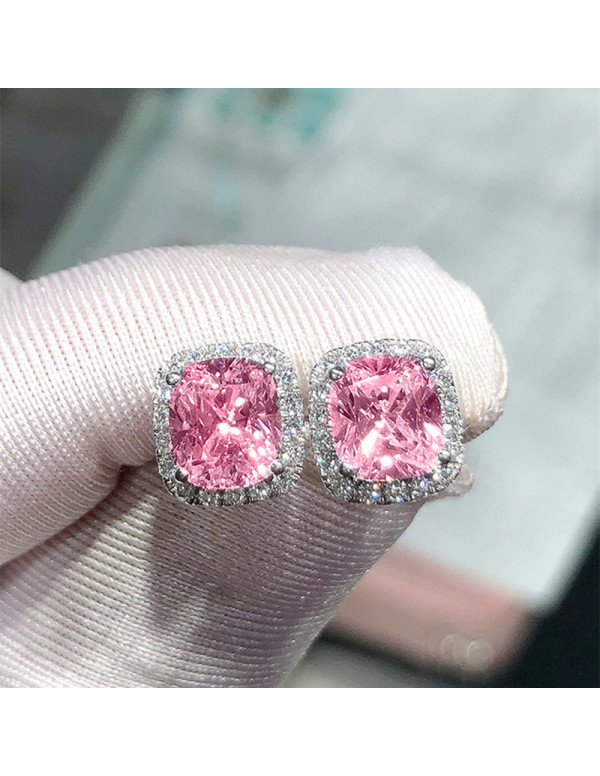 Jewels Galaxy Silver Plated American Diamond Studded Pink Square Crushed Ice Cut Stud Earrings