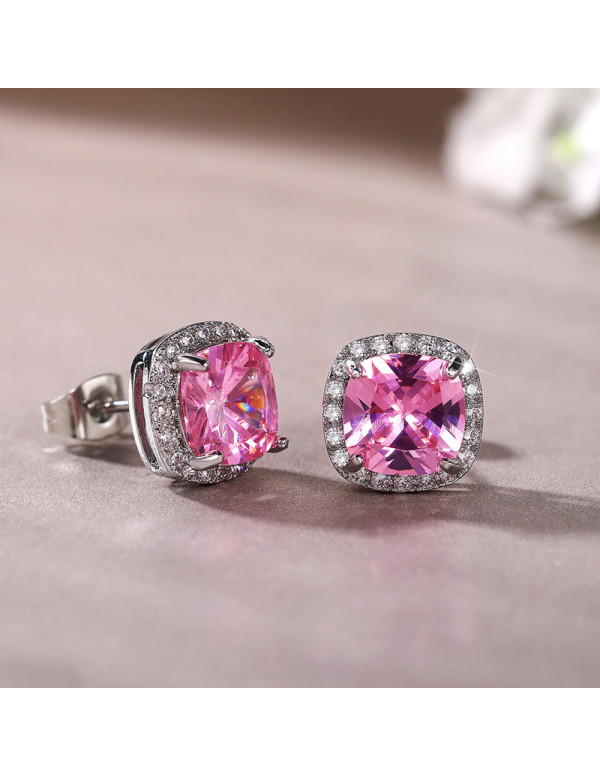 Jewels Galaxy Silver Plated American Diamond Studded Pink Square Crushed Ice Cut Stud Earrings