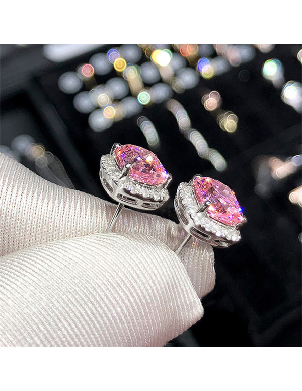 Jewels Galaxy Silver Plated American Diamond Studded Pink Square Crushed Ice Cut Stud Earrings