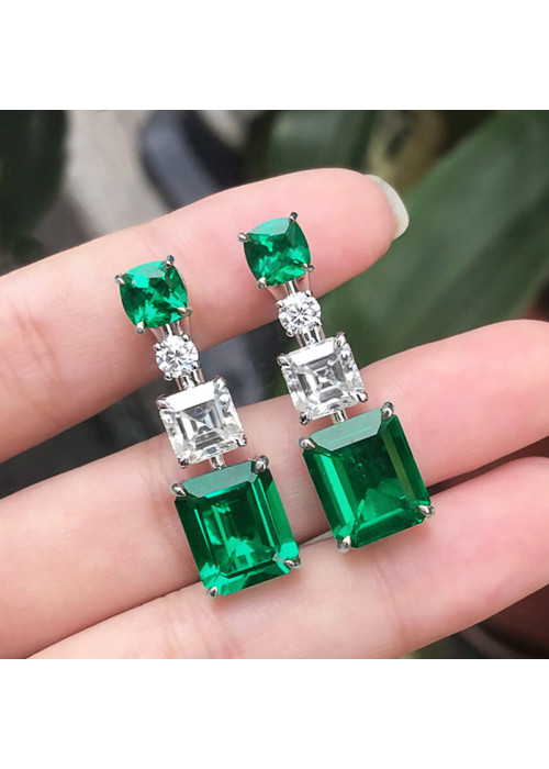 Jewels Galaxy Silver Plated American Diamond Studded Green Geometrical Crushed Ice Cut Drop Earrings