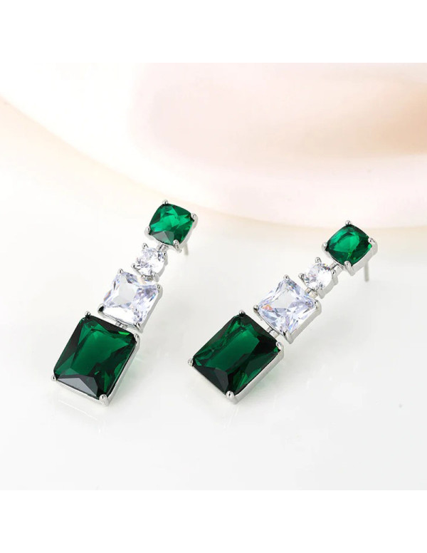 Jewels Galaxy Silver Plated American Diamond Studded Green Geometrical Crushed Ice Cut Drop Earrings