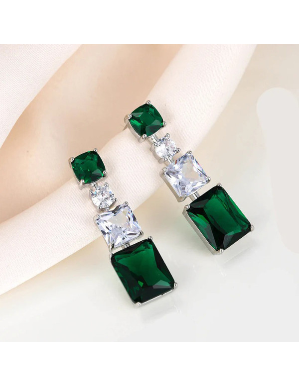 Jewels Galaxy Silver Plated American Diamond Studded Green Geometrical Crushed Ice Cut Drop Earrings