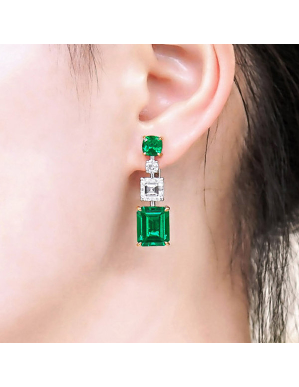 Jewels Galaxy Silver Plated American Diamond Studded Green Geometrical Crushed Ice Cut Drop Earrings