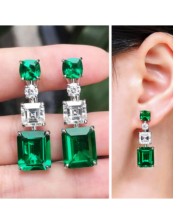 Jewels Galaxy Silver Plated American Diamond Studded Green Geometrical Crushed Ice Cut Drop Earrings