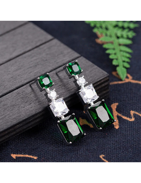 Jewels Galaxy Silver Plated American Diamond Studded Green Geometrical Crushed Ice Cut Drop Earrings