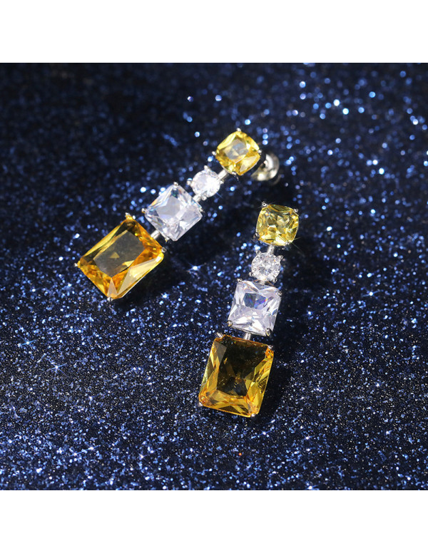 Jewels Galaxy Silver Plated AD Studded Yellow Geometrical Crushed Ice Cut Drop Earrings