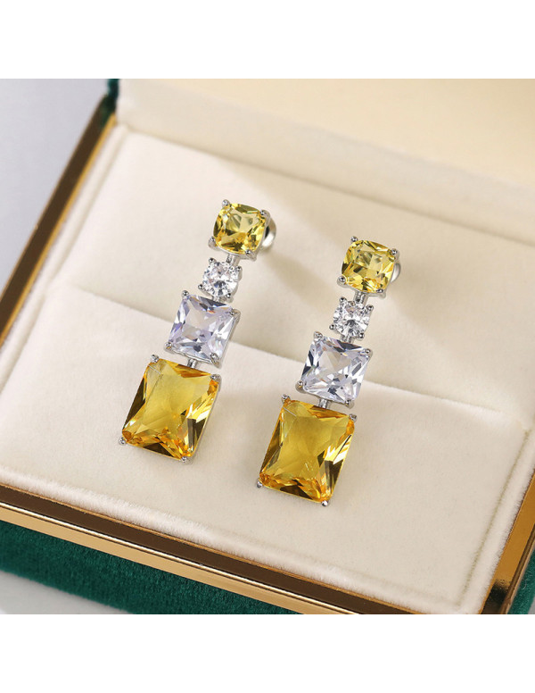 Jewels Galaxy Silver Plated AD Studded Yellow Geometrical Crushed Ice Cut Drop Earrings