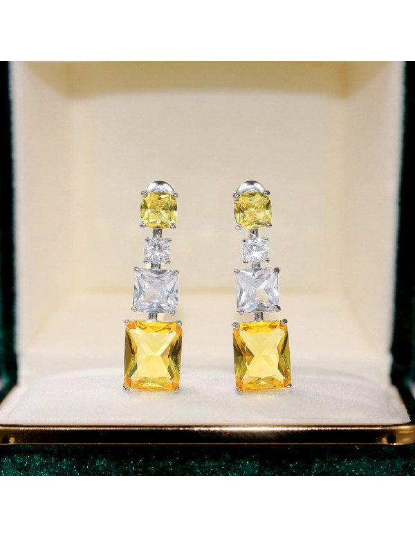 Jewels Galaxy Silver Plated AD Studded Yellow Geometrical Crushed Ice Cut Drop Earrings