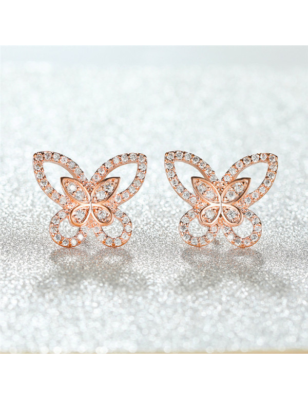 Jewels Galaxy Rose Gold Plated American Diamond Studded Butterfly Shaped Korean Earrings