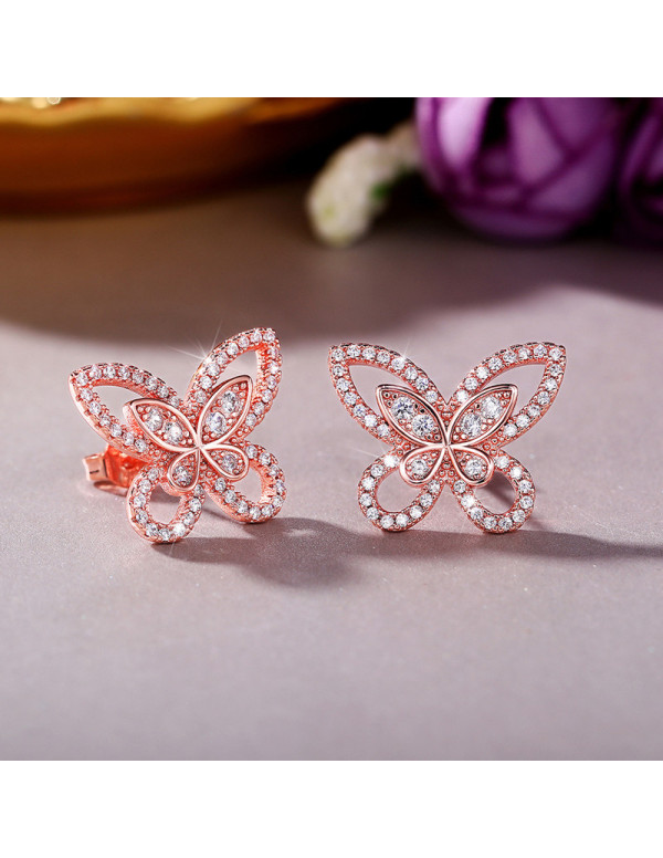 Jewels Galaxy Rose Gold Plated American Diamond Studded Butterfly Shaped Korean Earrings