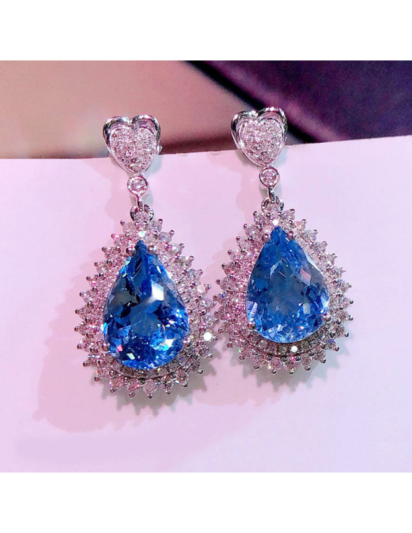 Jewels Galaxy Silver Plated American Diamond Studded Blue Teardop Shape Ice Cut Drop Earrings