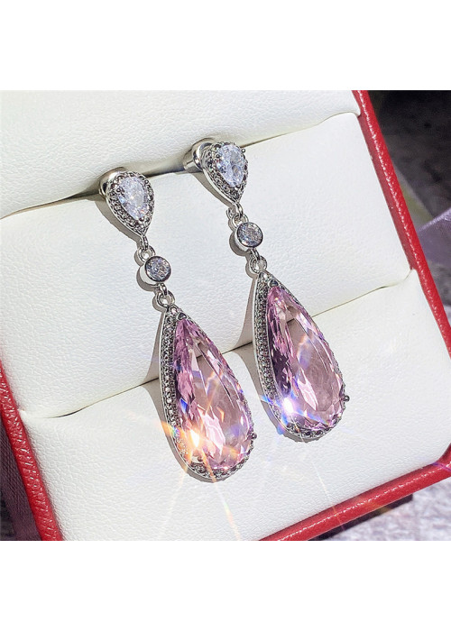 Jewels Galaxy Silver Plated American Diamond Studded Pink Teardop Shape Ice Cut Drop Earrings