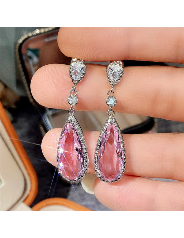 Jewels Galaxy Silver Plated American Diamond Studded Pink Teardop Shape Ice Cut Drop Earrings