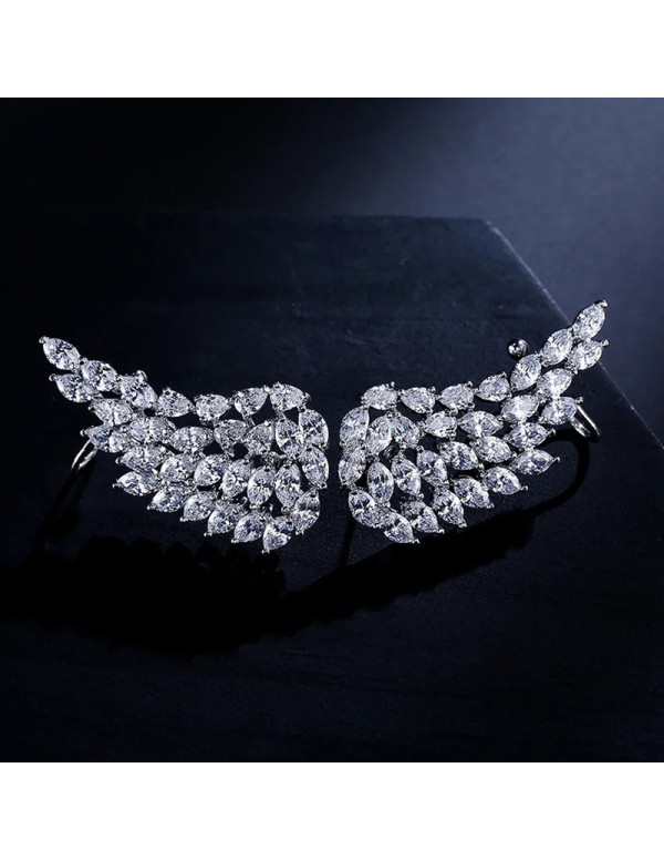 Jewels Galaxy Silver Plated American Diamond Studded Wing Shape Contemporary Drop Earrings